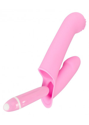Нежно-розовая двойная вибронасадка на палец Vibrating Finger Extension - 17 см.