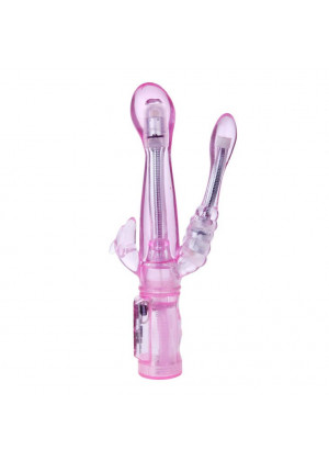 Розовый вибратор с анальным и клиторальным отростками Intimate Tease - 22 см.